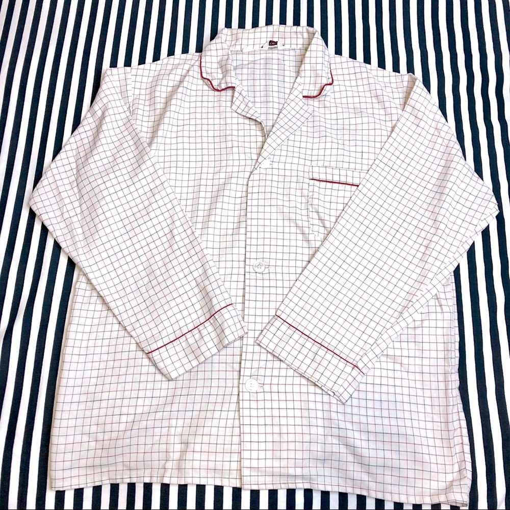 VINTAGE Grandpa Sleep-shirt White Pajama Top Loungewear 70s Windowpane Customode